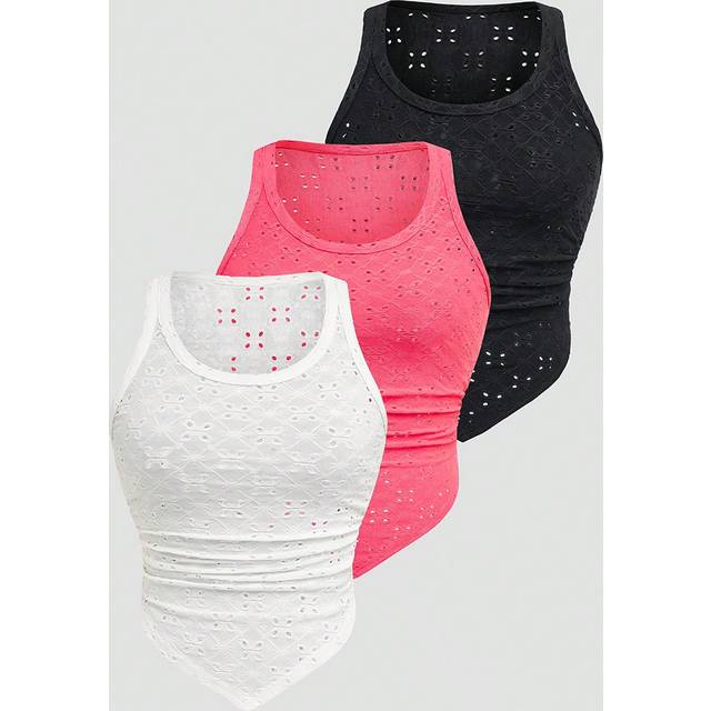 Chiquease Eyelet Embroidery Ruched Asymmetrical Hem Tank Top
