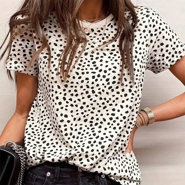 INAWLY Women Fashionable Loose Fit Asymmetrical Polka Dot Short Sleeve T-Shirt For Summer Graphic Tees Women Tops