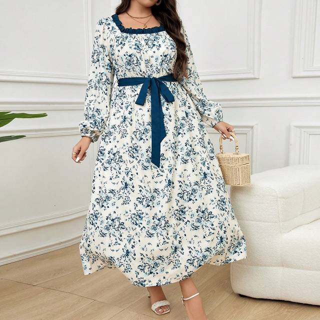Mulvari Plus Size Women Floral Print Ruffle Trim Square Neck Long Sleeve Dress, Perfect For Beach/Casual/Vacation/Evening Or Any Other Formal Occasions
