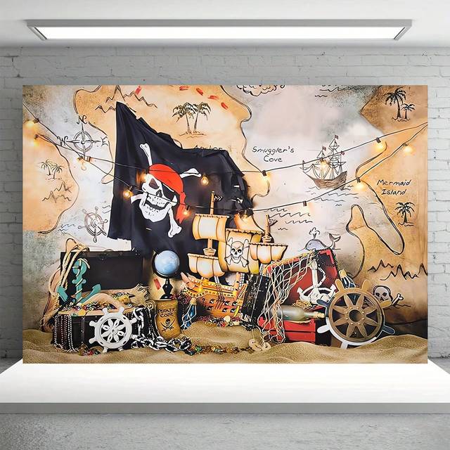 SHEIN 1pc, Photography Backdrop, Pirate Treasure Map Photo Backdrop Birthday Island Treasure Map Birthday Party Decorations Photography Background Photo Boo