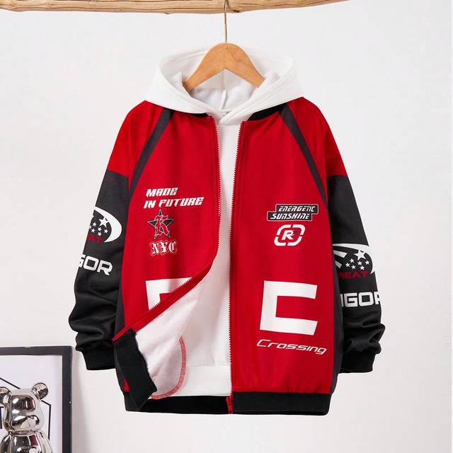 SHEIN Tween Boy Casual Streetwear Knitted Jacket With Letter And Numeric Patterns, Zipper Closure, Lightweight Fabric