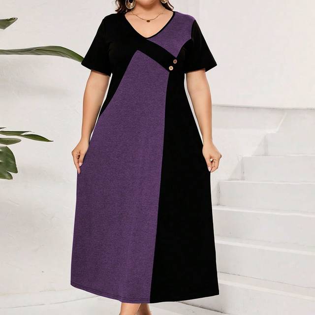 Mulvari Plus Size Women Summer V-Neck Colorblock Short Sleeve Casual Loose Minimalist Long Dress Maxi Women Outfit