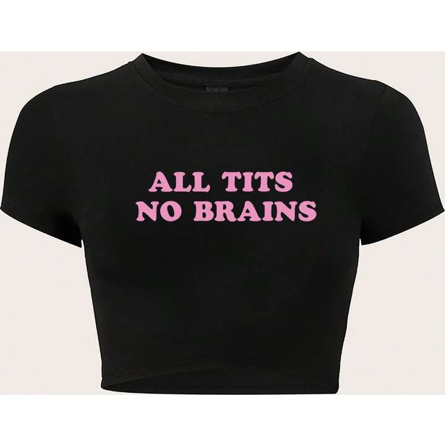 Grawell Plus Size Red Slogan Cropped Summer T-Shirt With Navel Baring Design, ALL NO BRAINS