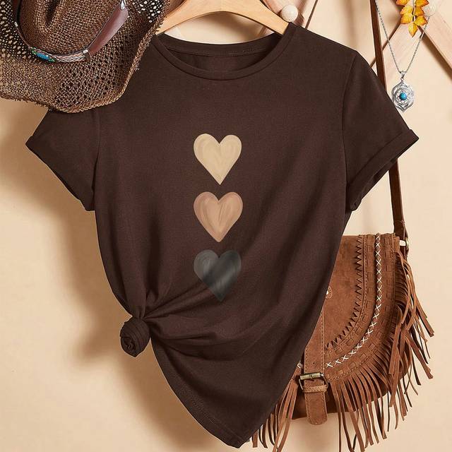 EMERY ROSE Casual Heart-Shaped Patterned Round Neck Women&#39;s Short Sleeve T-Shirt, Suitable For Summer