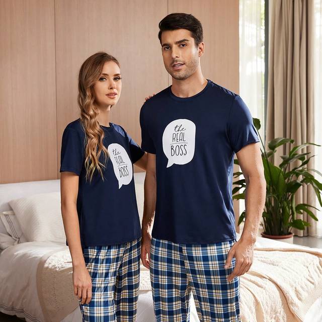 SHEIN Women Letter Print Short Sleeve Top & Heart Plaid Long Pants Pajama Set For Spring/Summer