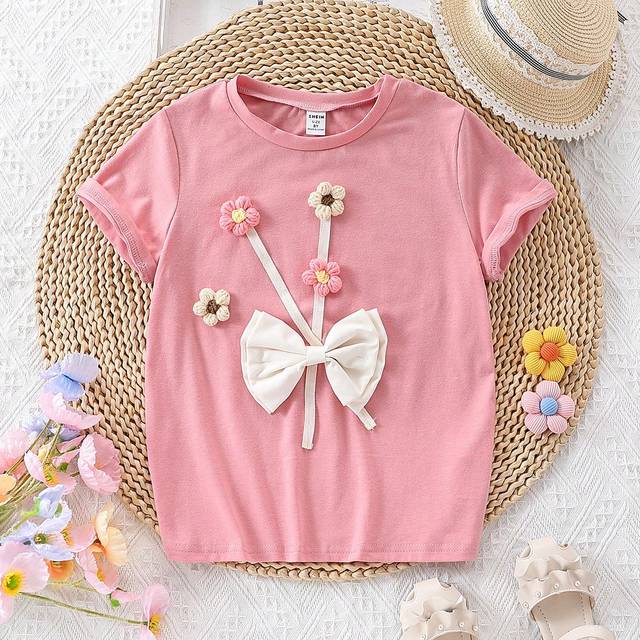 SHEIN Tween Girl 3D Flower Bow Decorated Short Sleeve T-Shirt