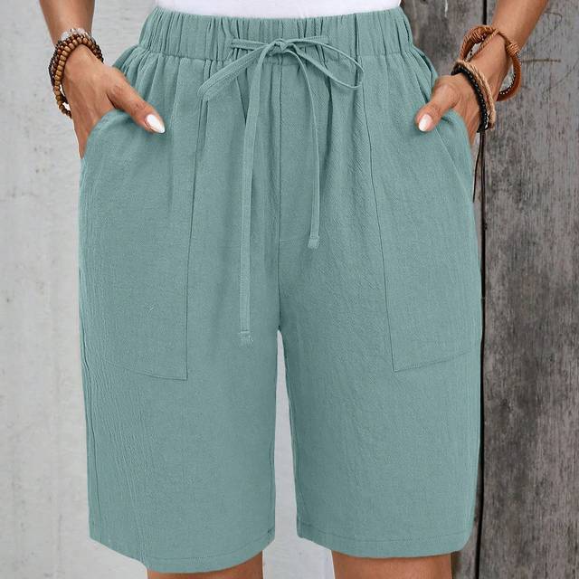 EMERY ROSE Linen Bermuda Shorts, Linen Blend, Solid Color, Side Pockets, Knee Length, High Waist, Fashion Basic Style
