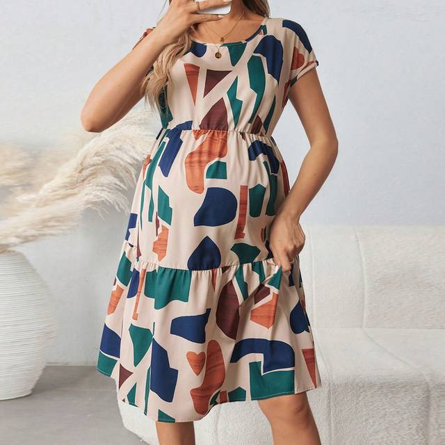 SHEIN Maternity Women&#39;s Summer Geometric Pattern Print Round Neck Short-Sleeve Dress