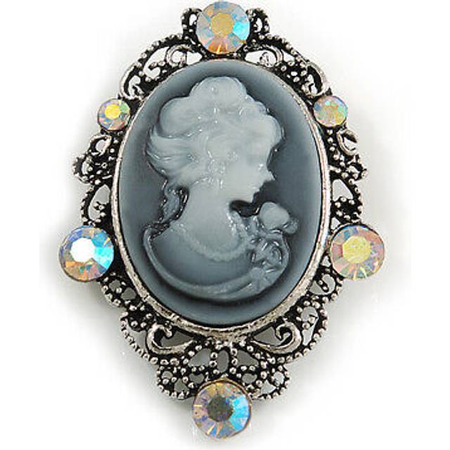 Oval filigree ab crystal grey cameo brooch in aged silver tone - 50mm tall
