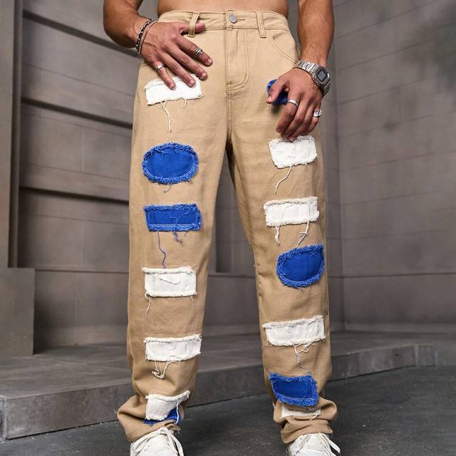 Manfinity Men&#39;s Fashion Color Block Straight Leg Jeans With Patches