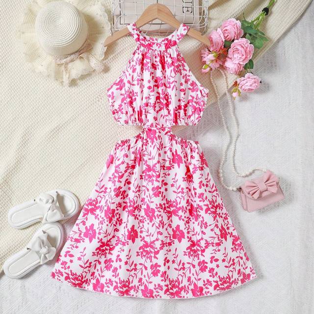 SHEIN Tween Girl Elegant Floral Print Ruffled Halterneck Dress, Perfect For Summer Vacation, Beach Parties