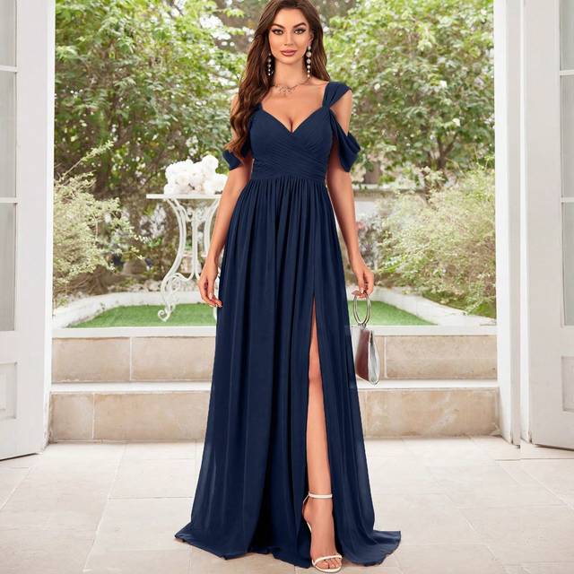 UNITHORSE Women&#39;s Solid Color Minimalist Daily Wear Cold Shoulder Chiffon Dress Bridesmaid Dress