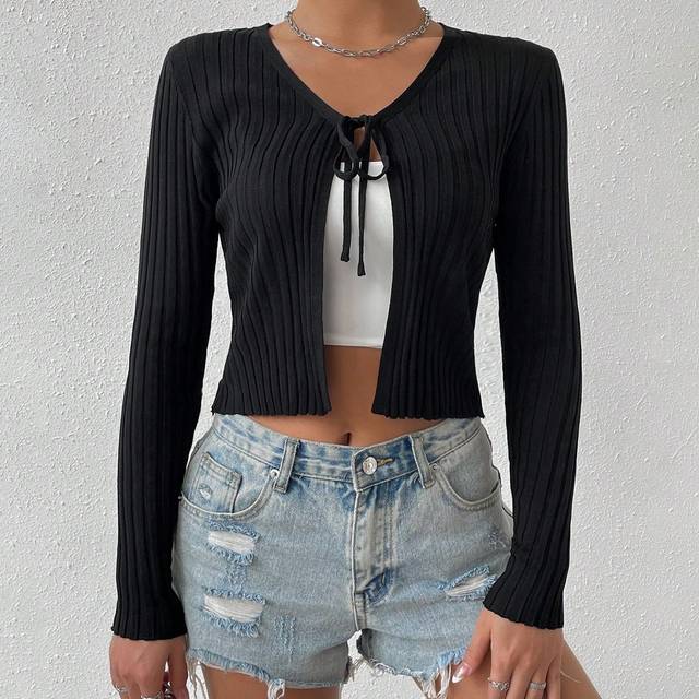 Chiquease Solid Color Ribbed Knit Lace-Up Crop Cardigan