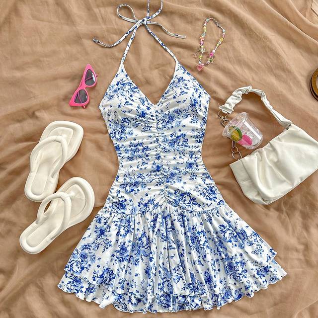 Soleia Plus Size Women Romantic Casual Sweet Cute Graduation Wedding Back To School Party Lunch Vacation Fall Floral Print Halter Ruffle Skater Dress