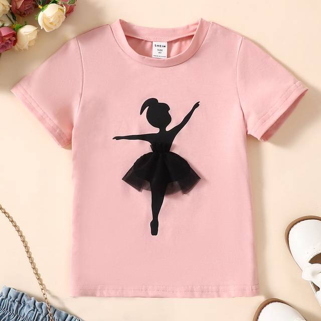 SHEIN Young Girl Lovely 3D Mesh Decoration Ballet Dancer Printed T-Shirt, Pink, For Daily Casual Or Vacation