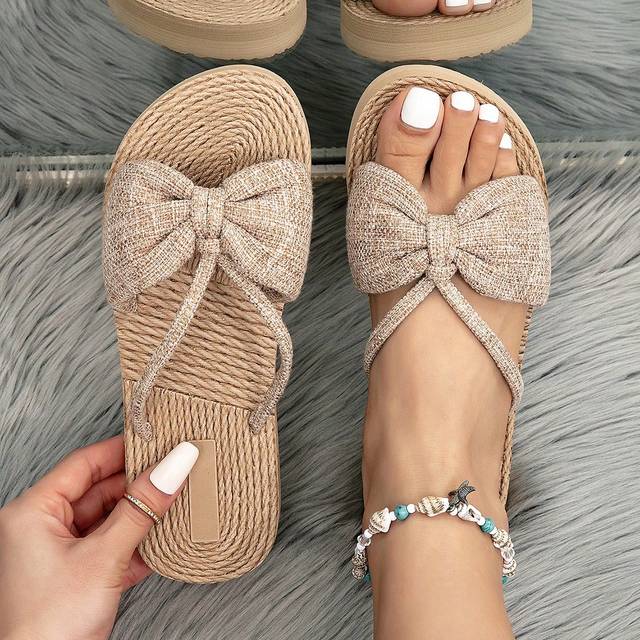 Kate Miuch Women&#39;s Autumn And Winter Sweet Simple Fashion Versatile Outdoor Party Holiday Khaki Flat Sandals,French College Style Commuter Bowknot Open Toe Breat