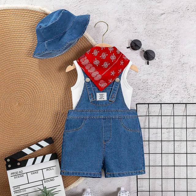 SHEIN Baby Boy 4pcs/Set Light Wash Denim Overalls Shorts And Tank Top, Denim Hat And Red Bandana Set For Spring/Summer Fashion Outfits