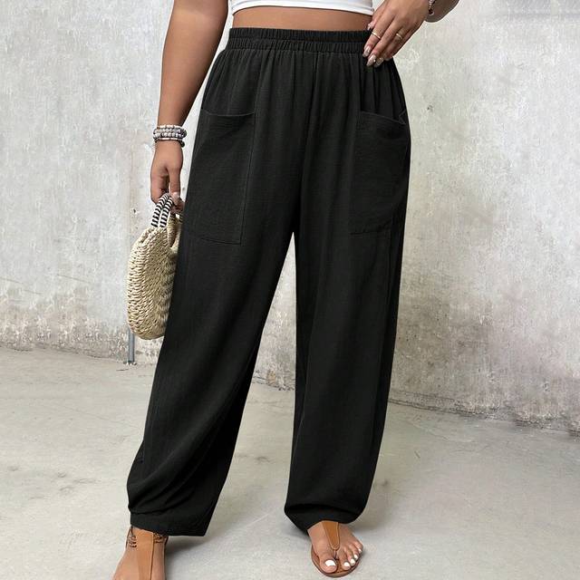 Freevana Plus Size Solid Color Pleated Pants With Pockets, Ideal For Vacation And Casual Wear