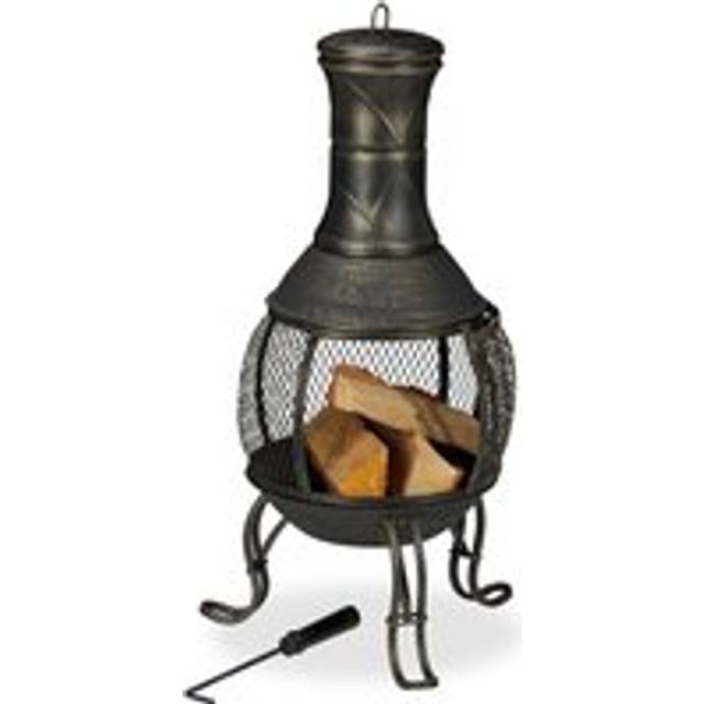 Relaxdays - chiminea, fire poker, grate, spark guard, garden, outdoor, fire pit, height 89 cm, gold