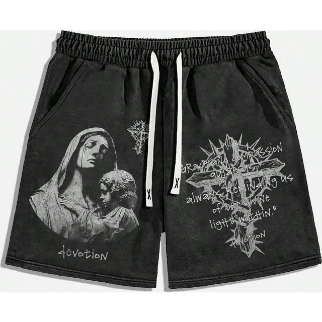 ROMWE MEN Men&#39;s Casual Vintage Washed Graphic & Cross Print Drawstring Waist Shorts, Summer, School