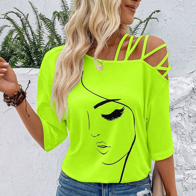 Breezaya Women&#39;s Summer Abstract Face Print Asymmetric Collar Casual T-Shirt Graphic Tees Women Tops
