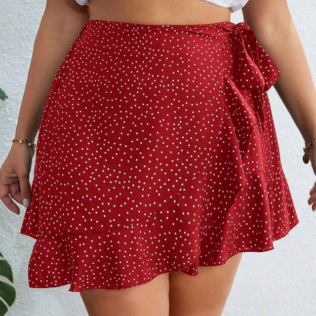 SHEIN Plus Polka Dot Print Knot Side Ruffle Trim Wrap Skirt