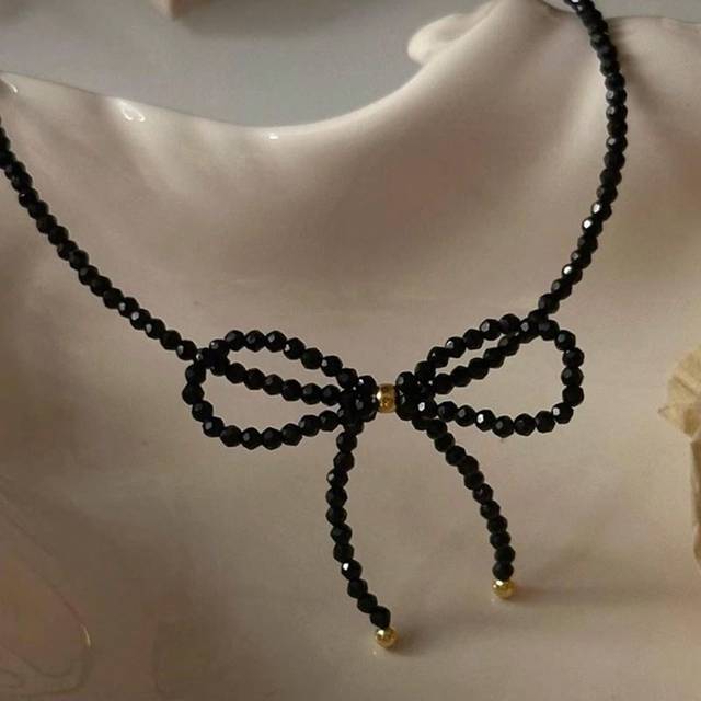 SHEIN 2024 Summer New Arrivals Sweet And Cool Style Black Beaded Bow Necklace, Unique Designed Collarbone Chain For Women Valentines,Mom,Mother,Mother&#39;s Day