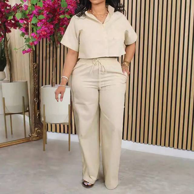 SHEIN 2pcs Linen Casual Outfit Set: Short Sleeve Shirt Top And Wide-Leg Pants, Fall