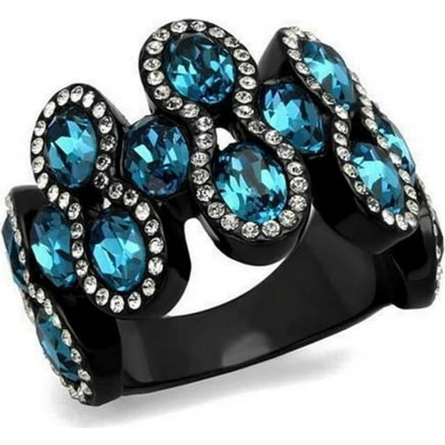 IP Black Ion Plating Stainless Steel Ring with Top Grade Crystal, Aquamarine - Size 6