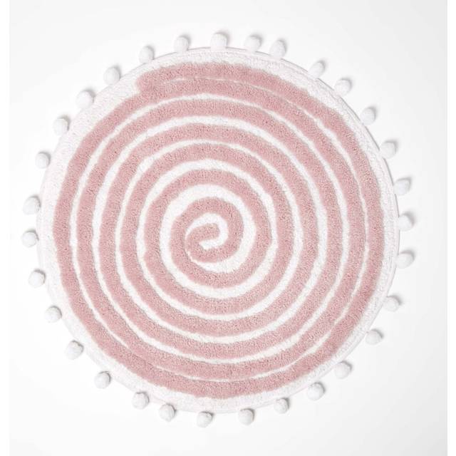 Homescapes Spiral Blush Pink Cotton Bath Mat with White Pom Pom Edges, 60cm Round, Machine Washable, Super Absorbent, Luxuriously Soft and Tufted