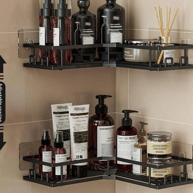 SHEIN 3pcs Stainless Steel Bathroom Storage Set Without Drilling: Corner Shower Caddy, Wall Mounted Adhesive Shower Organizer For Shower Gel, Shampoo, Soap
