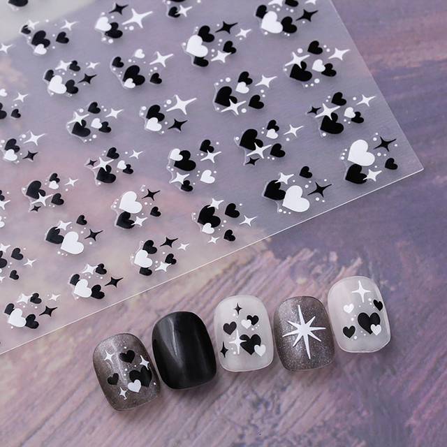SHEIN Black & White Heart Shaped Nail Art Sticker With Adhesive, Black Hearts & White Stars Decals Nail Stickers DIY