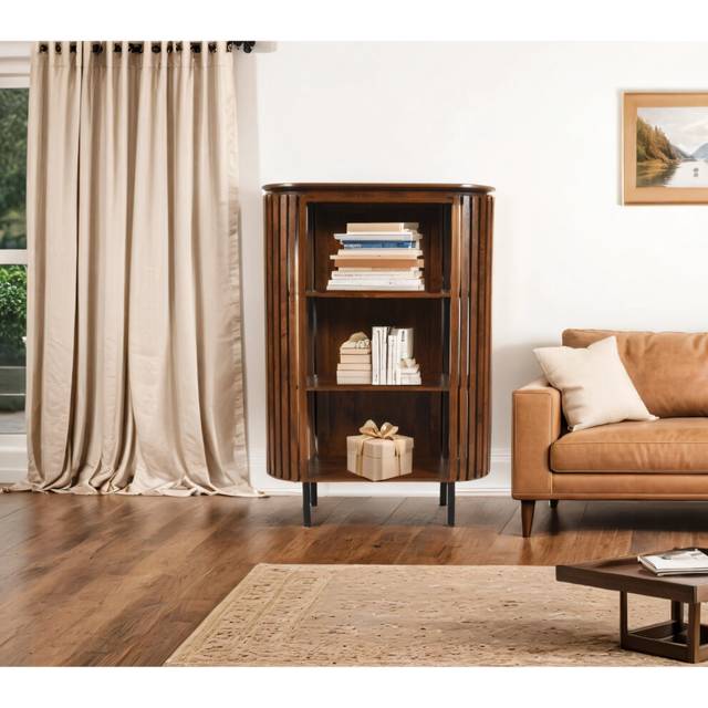 Carney Slatted Mango Wood Bookcase- Medium high