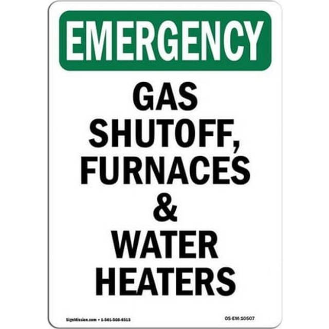 SignMission OS-EM-A-1218-V-10507 12 x 18 in. OSHA Emergency Sign - Gas Shutoff, Furnaces & Water Heaters