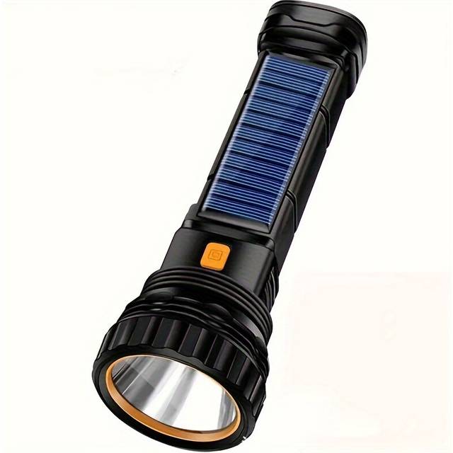 (Solar Flashlight With USB Cable) 1pc LED Solar Tactical Flashlight With COB 1200mah, Rechargeable Battery Waterproof