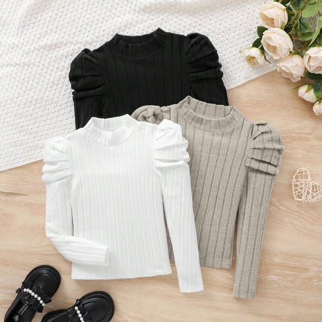 SHEIN Tween Girls&#39; Casual Long Sleeve T-Shirt With Stand Collar, Leg Of Gigot Sleeve Design, Multi-Pack