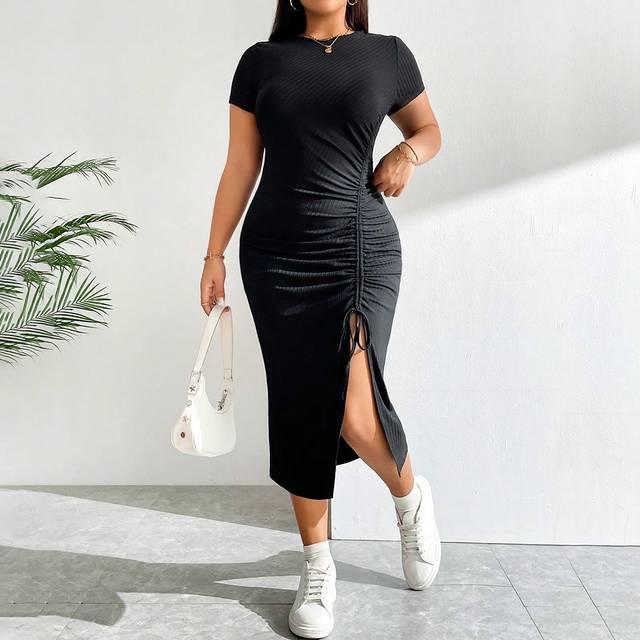 SHEIN Plus Size Women Summer Casual Slim Fit Comfortable Slit Gathered Drawstring Black Dress, Slim Fit Dress, Summer Women&#39;s Clothes, Midi Dress,Long Bodyc