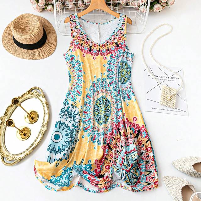 SHEIN Plus Size Sleeveless V-Neck Casual Summer Dress With Floral Prints