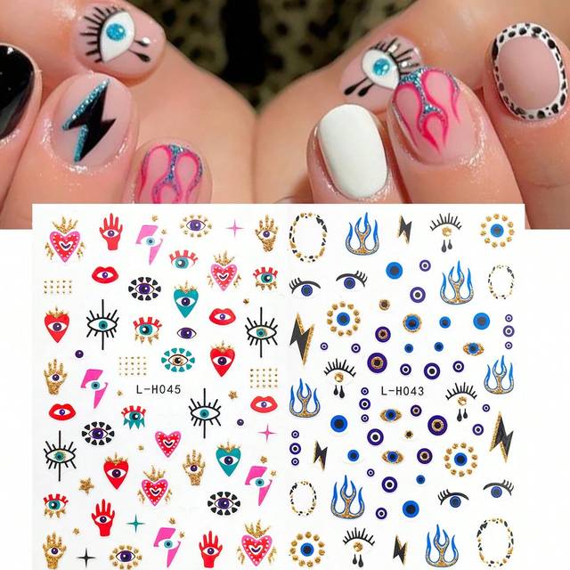FULL BEAUTY 2pcs Evil Eye Heart Nail Stickers Glitter Flame Lightning French Tips Magic Design 3D Adhesive Sliders Manicure Decorations DIY