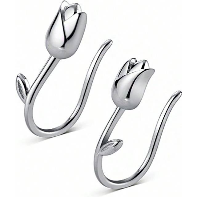 SHEIN 1 Pair Of Simple 925 Sterling Silver Tulip Flower Hook Earrings With Smooth Surface And Niche Design For Women To Wear For Everyday Outfits Valentines