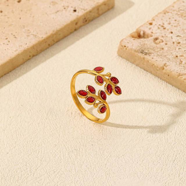 SHEIN 1pc Stainless Steel Golden Leaf Ladies Fashion Open Ring Inlaid With Red Gemstone, Suitable For Daily Wear Or Friends Gathering