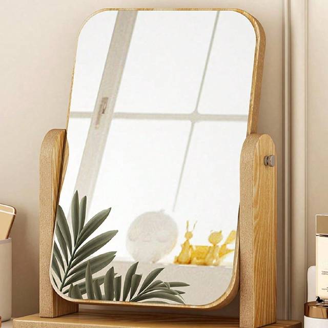 SHEIN 1pc Wooden Tabletop Makeup Mirror For Bedroom, Packaged In Single Paper Box, Portable HD Rotating Dressing Mirror For Dorm Room And Students