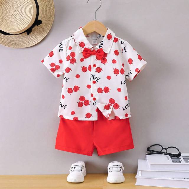 SHEIN Baby Boys&#39; Floral Print Short-Sleeve Shirt & Casual Shorts Set, Suitable For Birthday Party, Evening Party, Performance, Wedding, One-Month, Christeni
