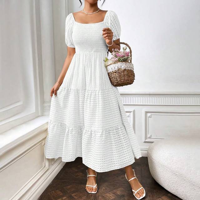 Flirla Solid Color Square Neck Puff Short Sleeve Shirred A-Line Summer Dress Maxi Women Outfit