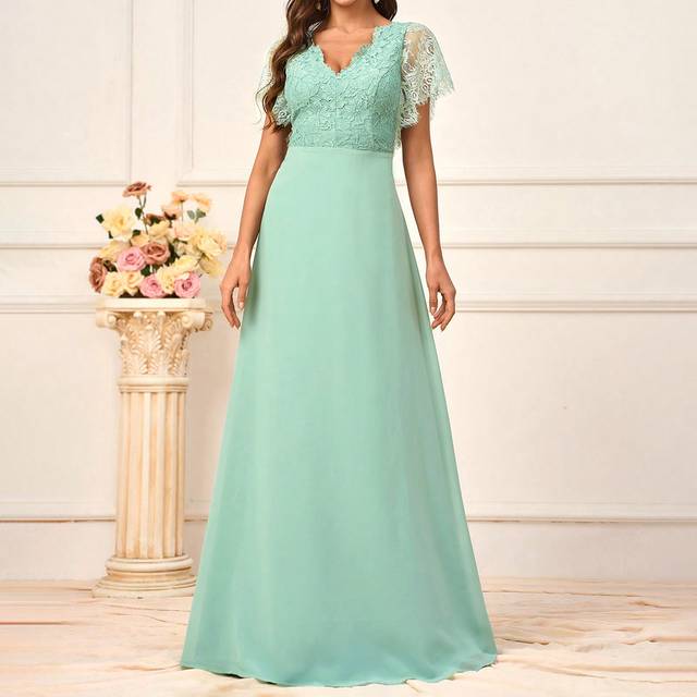 SHEIN Women&#39;s Romantic Grass Green Lace Spliced Chiffon Fabric Dress With Asymmetrical Ruffled Sleeves V-Neckline And A-Line Hem Back V-Neckline Suitable Fo