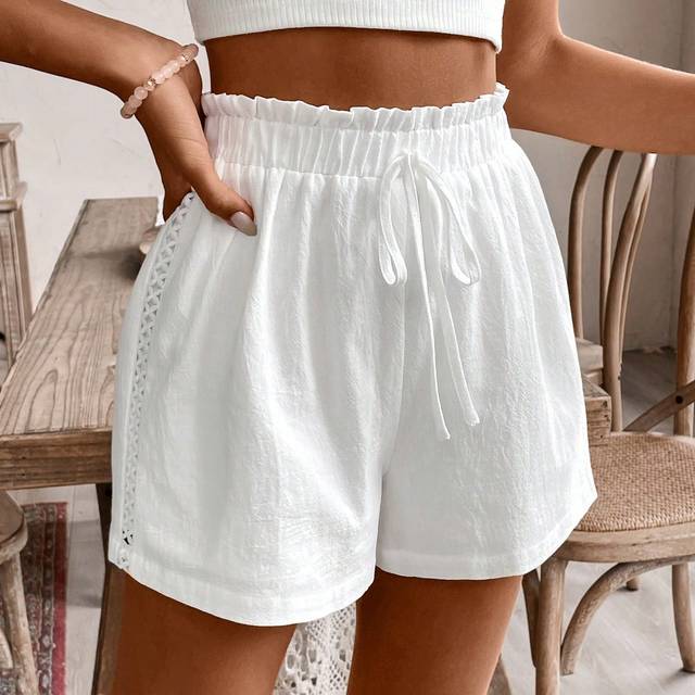 SHEIN 100% Cotton Women&#39;s Solid Color Paper Bag Waist Casual Shorts For Vacation  Summer White Casual Shorts, Linen White Lace Cutout Shorts, Fabric Comfort
