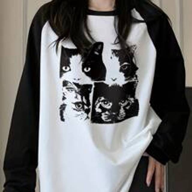 Kvinnors vår/sommar Casual Fit Casual T-shirt med katttryck, färgblock rund hals och raglanärm Långärmad grafisk tröja Damtopp för våroutfit - Multifärgad (L,M,S,XL,XS)