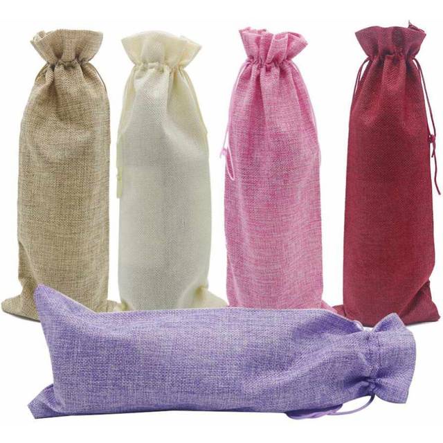 5Pcs Jute Wine Bags, Burlap Wine Bottle Gift Bags with Drawstring 15*35cm