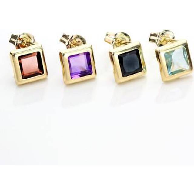 Pair - 9ct Gold 5mm Genuine Gemstone Square Rubover Stud Earrings / Studs