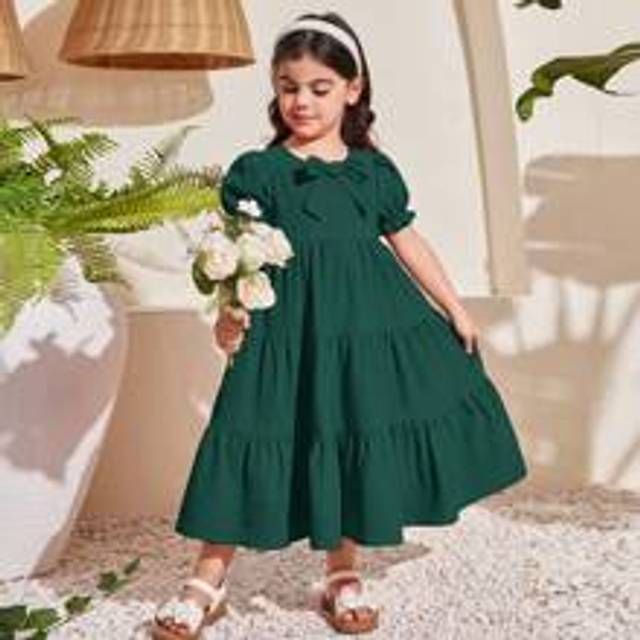Ung flicka Loose Fit semesterstil rund hals bubbelärm A-linje midi enfärgad klänning - Mörk Grön (6Y,7Y,4Y,5Y)